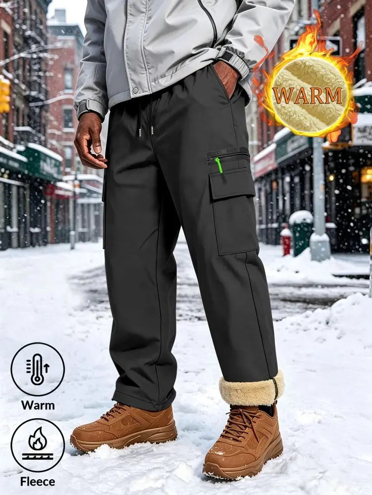 Men's Windproof Fleece-Lined Outdoor Work Pants, Straight Leg