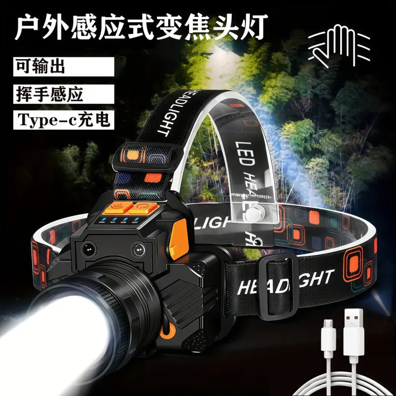 Rechargeable Waterproof LED Head Lamp with Zoom Sensor for Fishing
