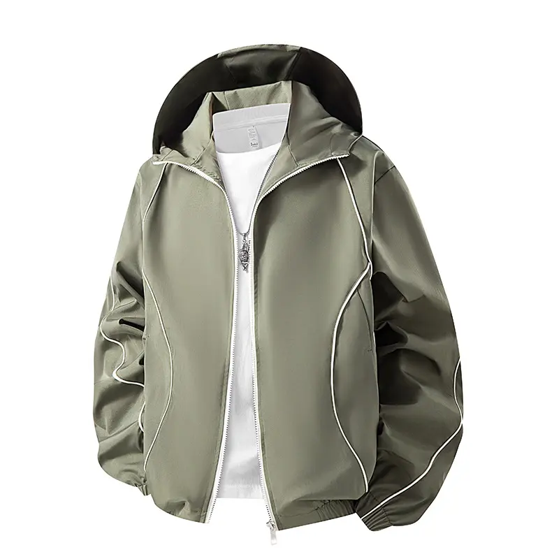 G-Stone Minimalist Line Hooded Men's Jacket, Windproof Zip with Curved White Line