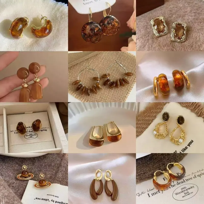 Fransız Vintage Küpe Karamel Kehribar Renkli Boncuklu