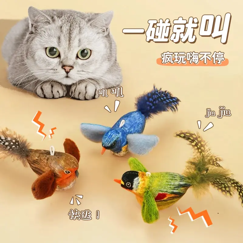 Feather Cat Wand with Realistic Chirping Bird, Durable Toy for Kittens