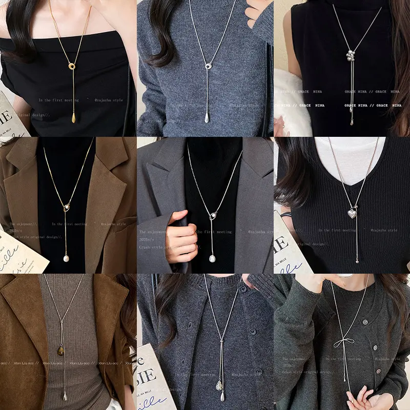 Pullover-Halskette, lang, doppellagige Kette