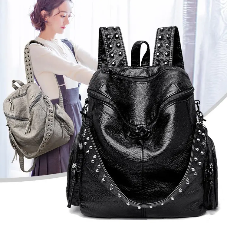 Rivet Washed Leather Backpack Large Capacity Multi-Pocket
