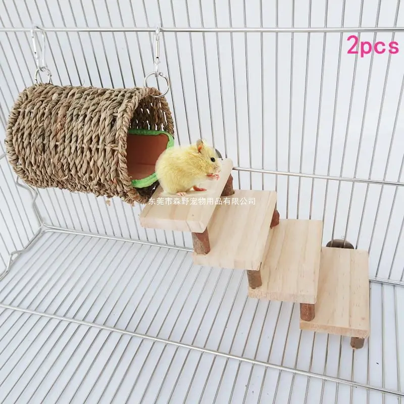 Hamster Ahşap Diş Kaşıma Oyuncağı, Merdivenli Tünel ve Yuva Seti, 2'li