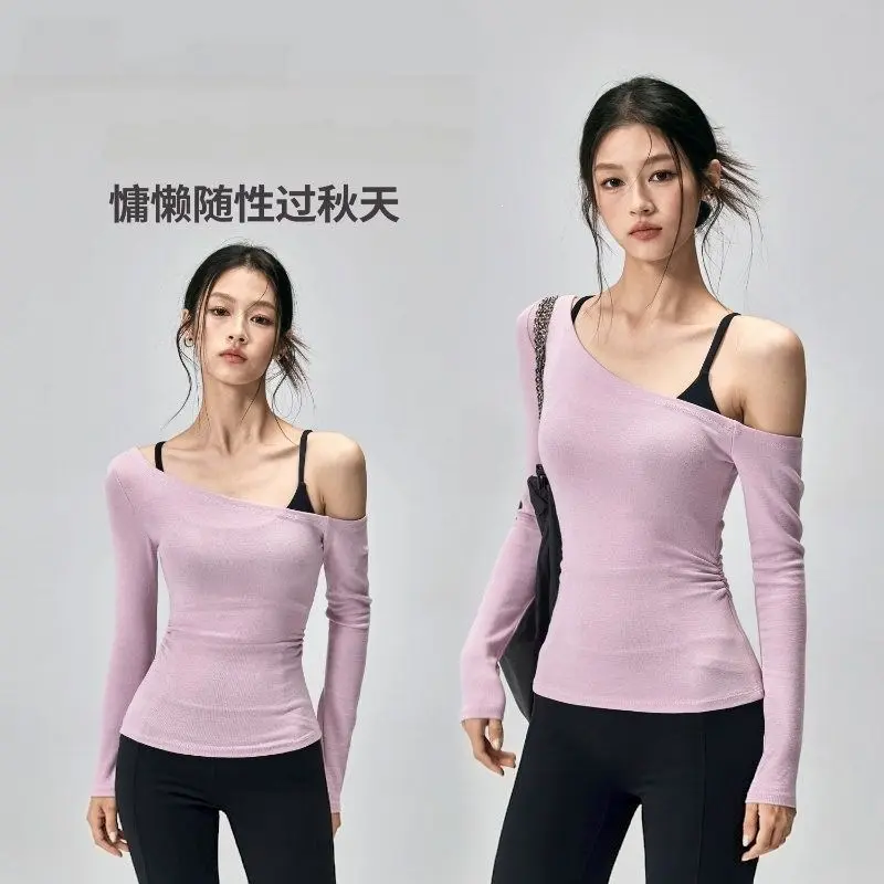Yoga T-shirt kadın, uzun kollu, dar kesim, çapraz omuz