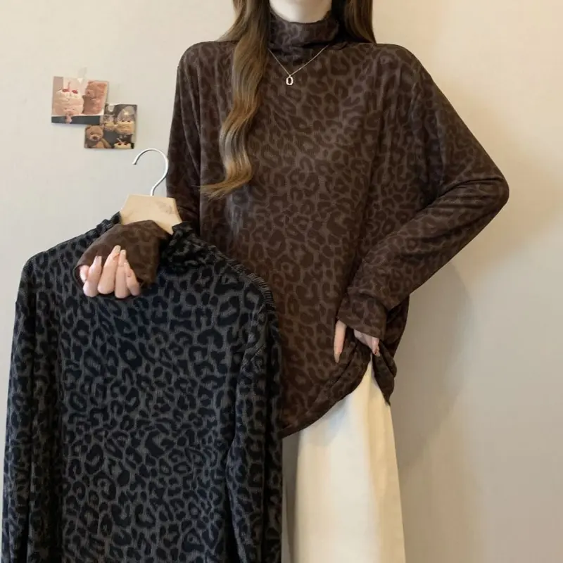 Women's Plus Size Leopard Print Half Turtleneck Long Sleeve Top, Autumn