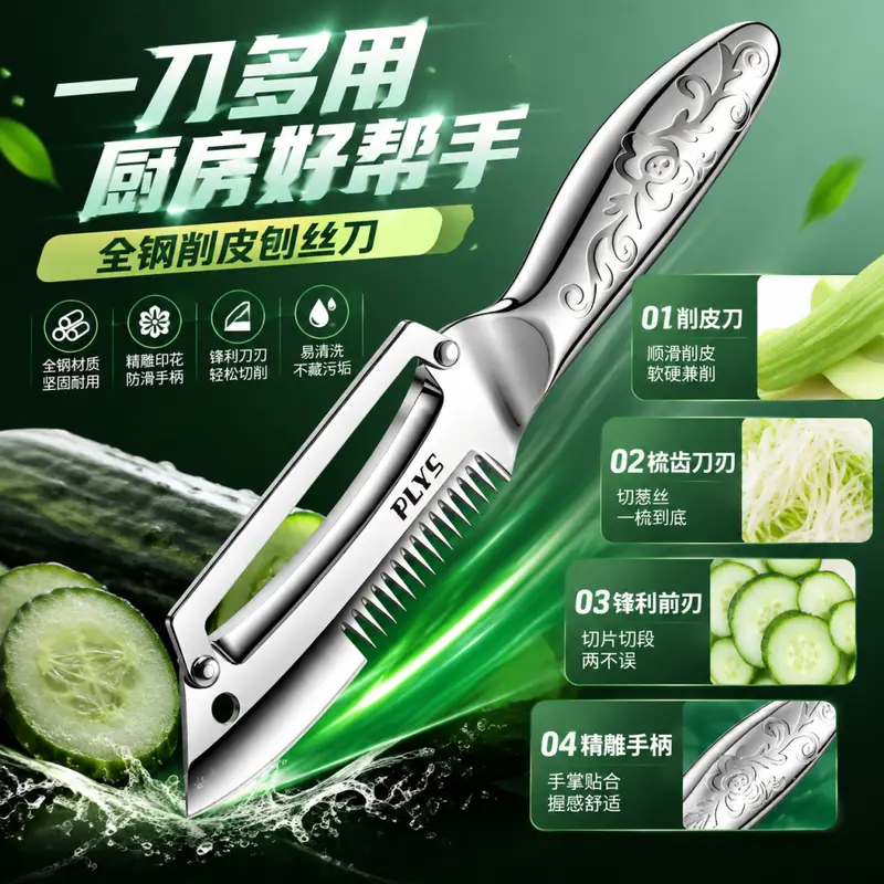 多功能葱丝刨丝器全钢一体切丝神器厨房锋利水果削皮刀家用开瓶器