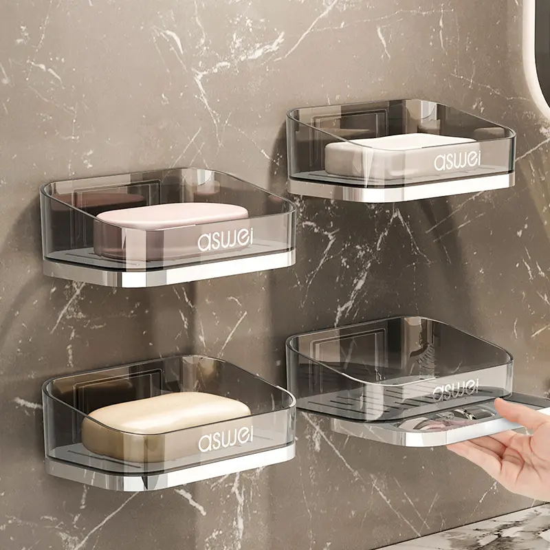 Wall-Mounted Punch-Free Soap Dish with Drainage Rack for Bathroom