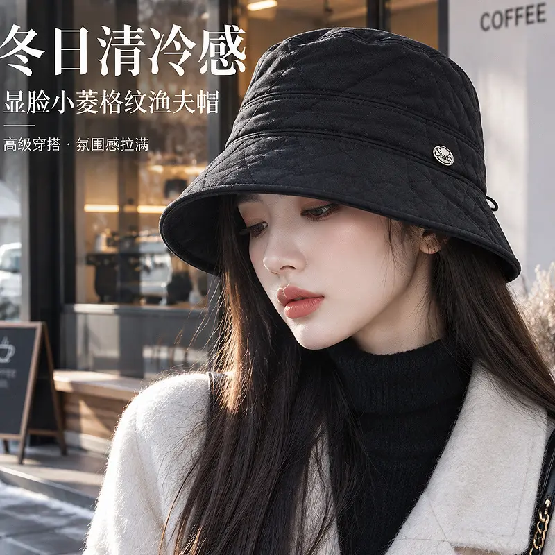 Korean-Style Diamond Quilted Bucket Hat, Windproof Wide Brim