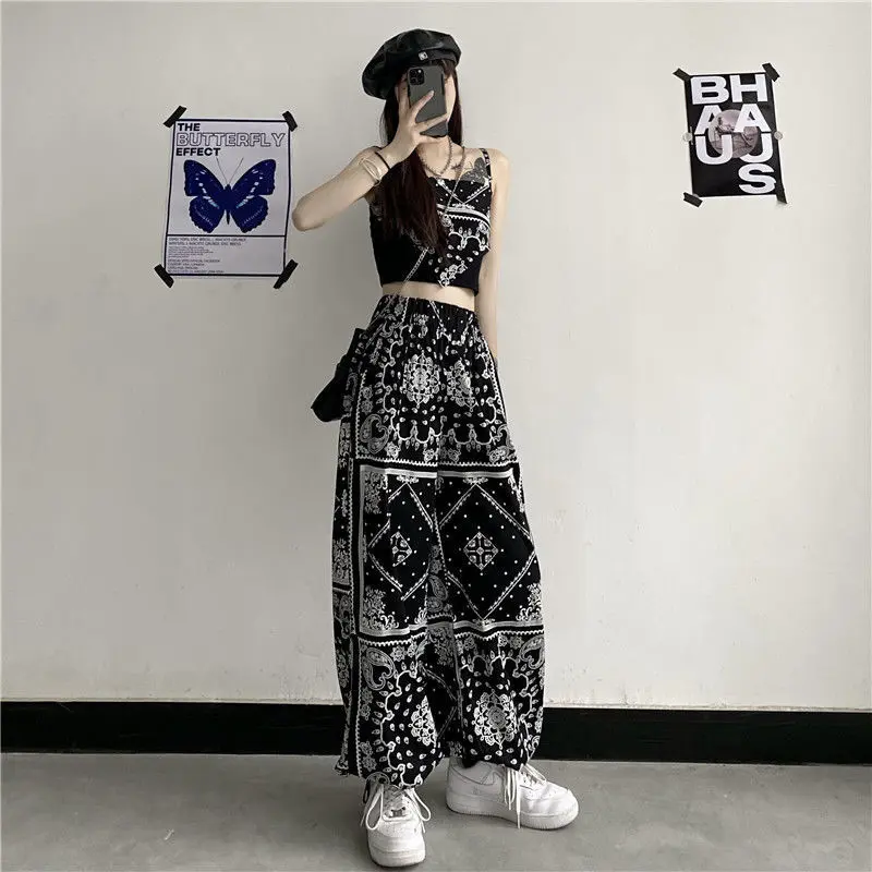 Damen-Sommerhose mit hoher Taille, weitem Bein und Batikmuster