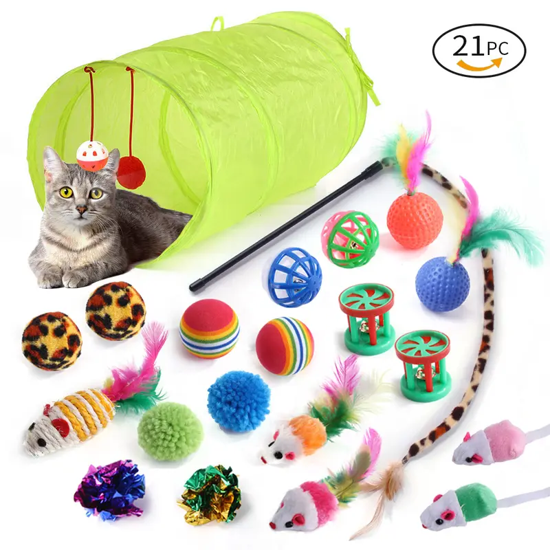 Cat Toy Set 21 Pieces with Cat Tunnel, Feather Wand and Mice