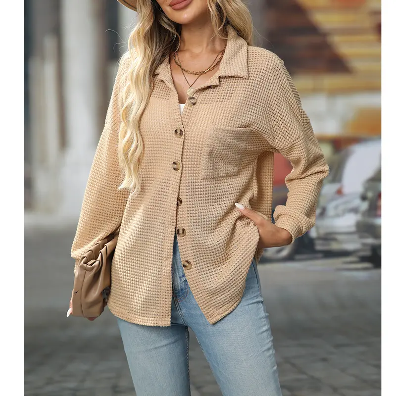 Women's Loose Waffle Knit Shirt for Autumn Winter, Casual and Office Wear