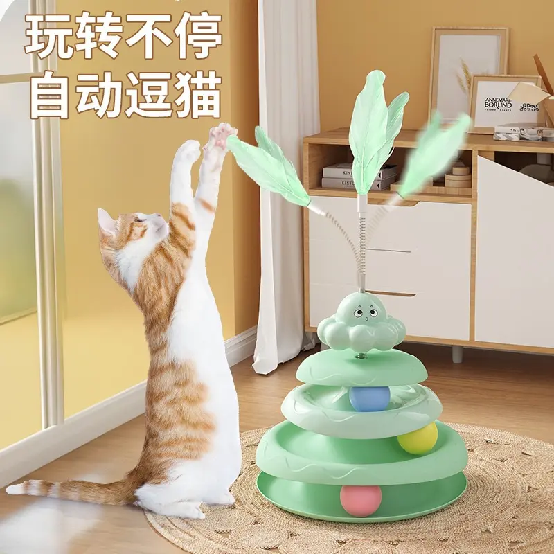 Octopus Cat Toy with Turntable and Feather Teaser Wand, Self-Play