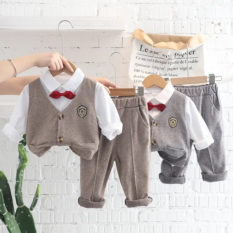 Boys' Spring Autumn Plaid Vest and Shirt Three-Piece Set