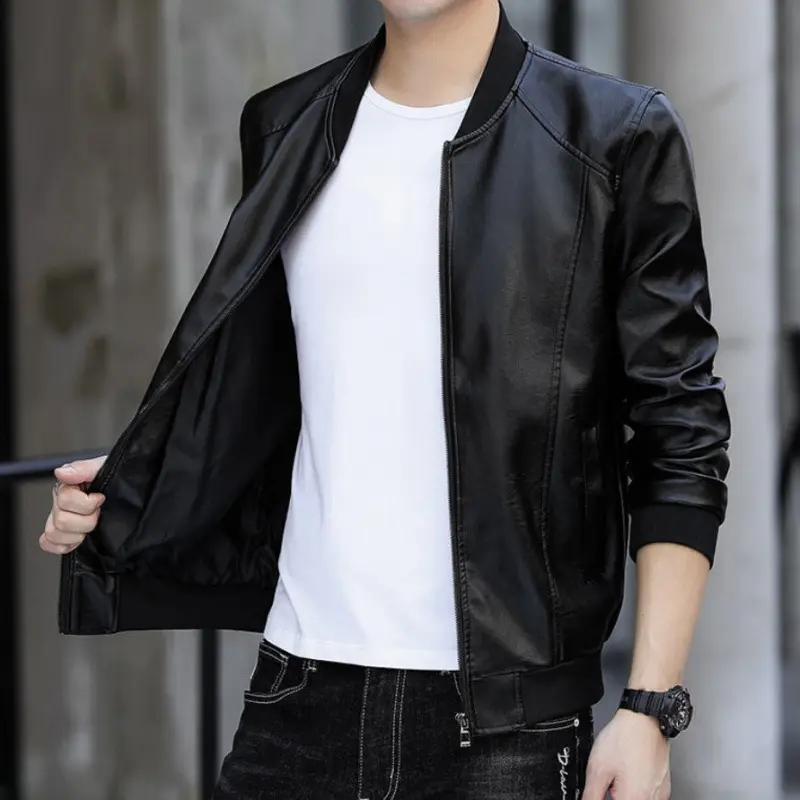 Men's PU Leather Baseball Collar Jacket, Fleece-Lined
