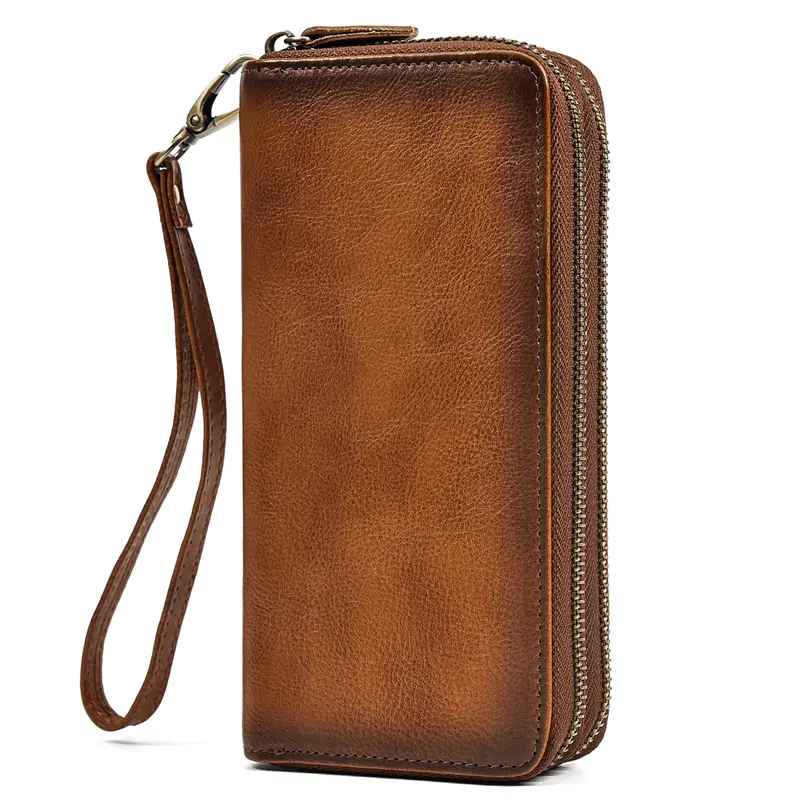 Crazy Horse Genuine Leather Men's Long Zip Wallet, Double-Layer