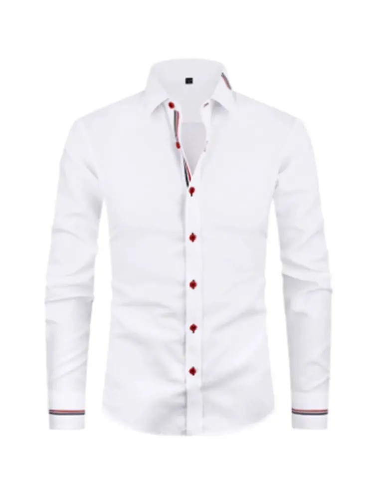 Men's Long-Sleeve Solid Color Formal Shirt with Ribbon Trim and Buttons