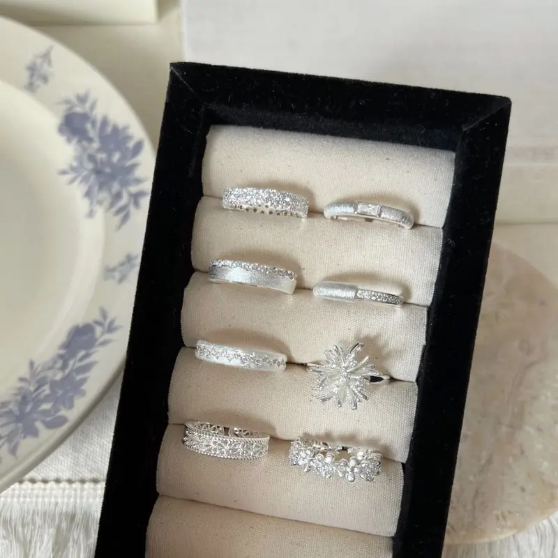 S925 sterling silver brushed flower open ring for women