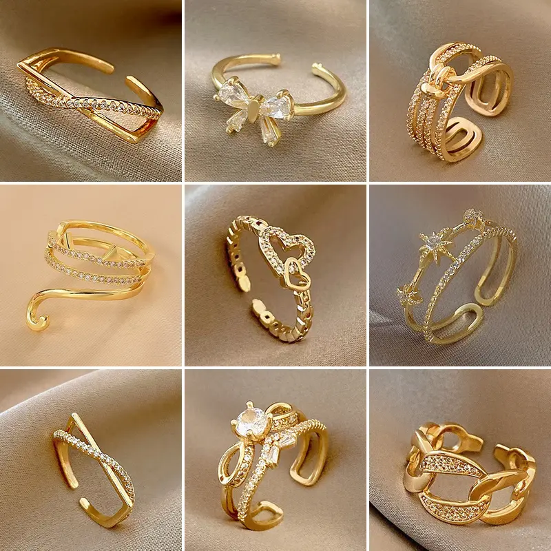 Light luxury copper-plated zircon ring, feminine and high-end, open adjustable super flash ring, simple popular ins style