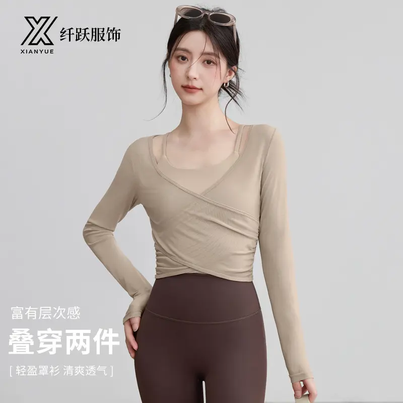 Women's Mesh Yoga Set with Built-in Bra Pad, Long Sleeve Pilates Top