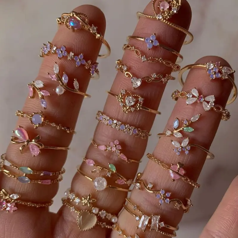 Cross-border best-selling INS style zircon-studded adjustable lively ring for women sweet and lovely floral elegant ring