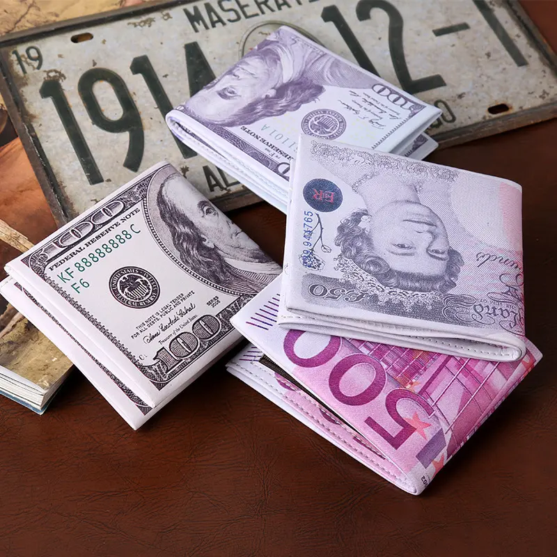 Men's Short Zipper PU Leather Wallet, Banknote Pattern, Folding