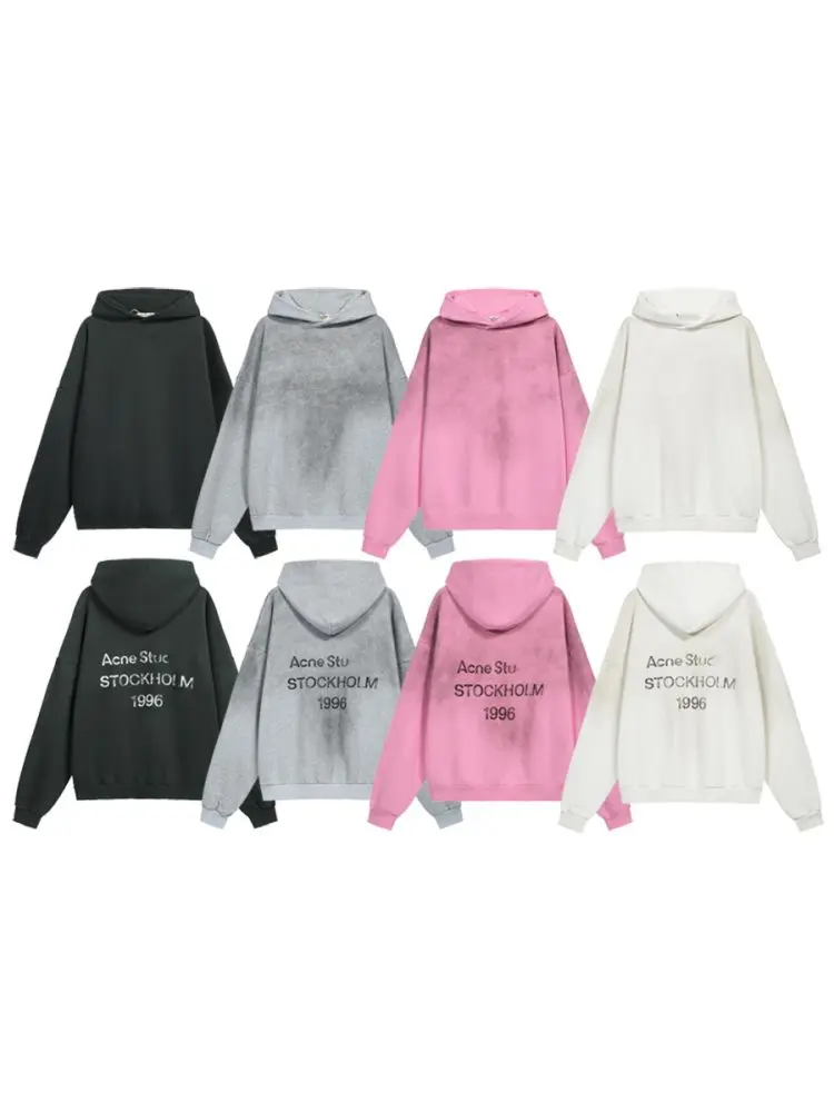 American Style Washed Distressed Hoodie with AC1996 Letter Print, Loose Fit