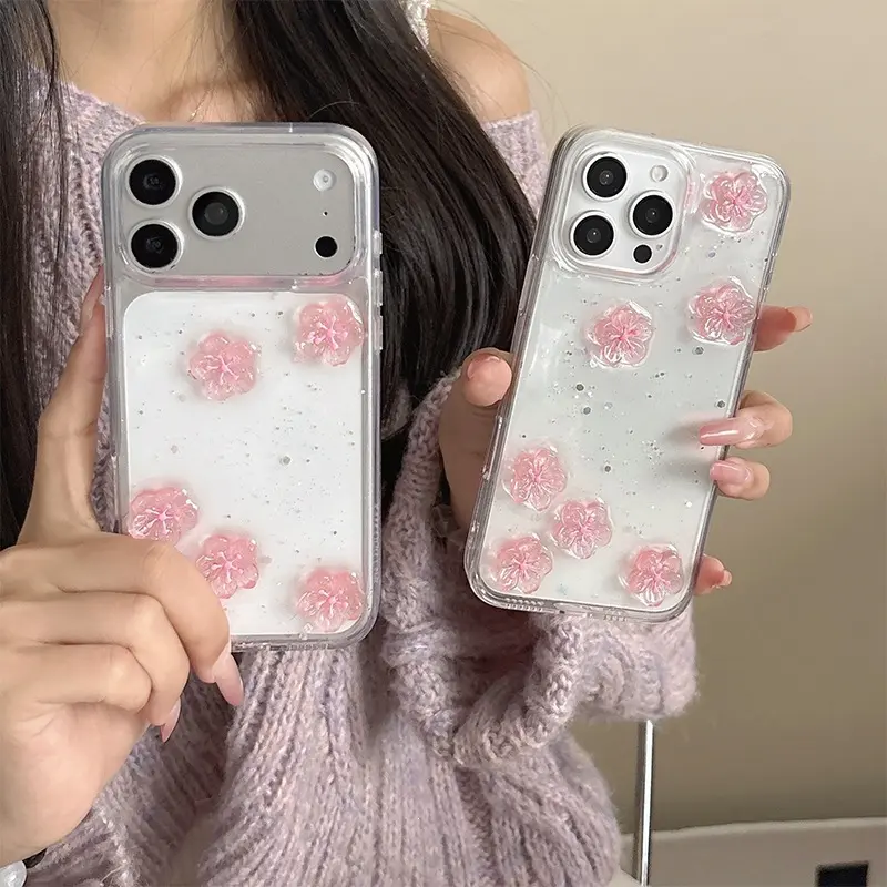 iPhone 17 Pro / 16 / 15 pink cherry blossom glitter transparent case