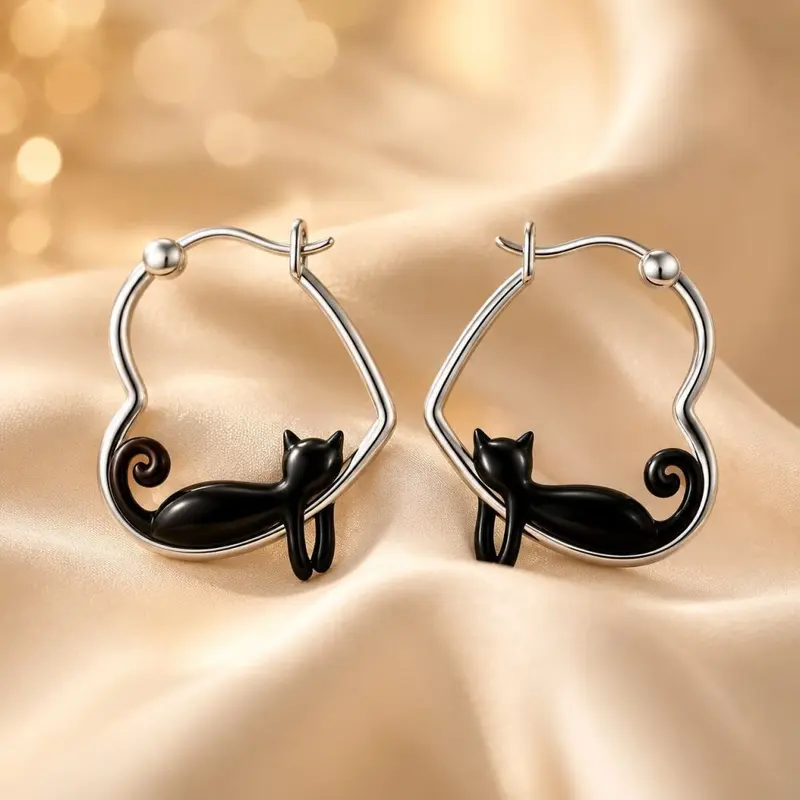 Cute cat ear studs with heart drop design for women