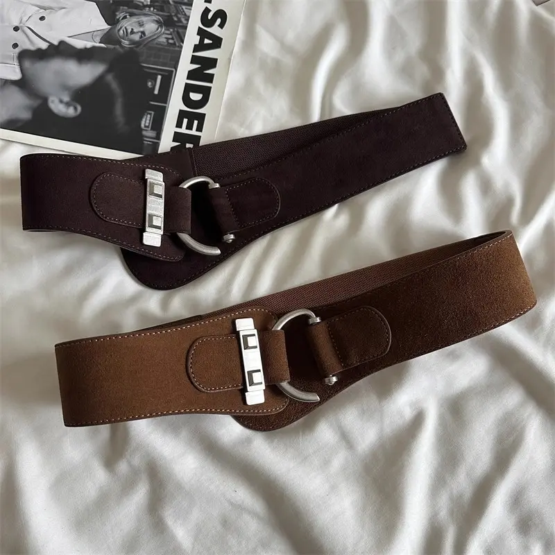 Women's suede belt with silver buckle, wide and elastic