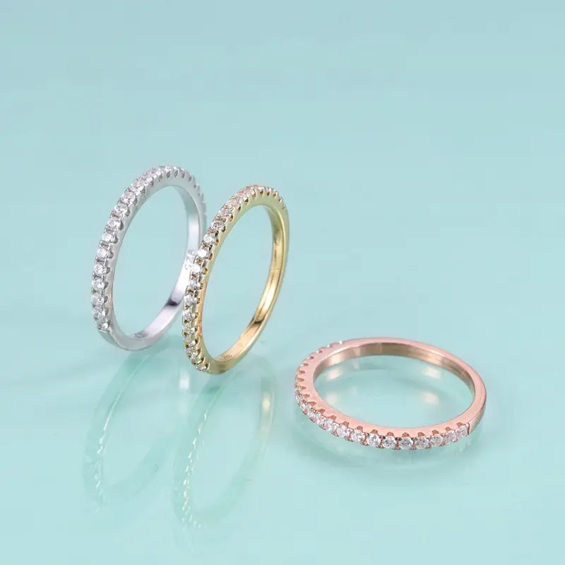 S925 Sterling Silver Moissanite Ring, Three-Tone Stackable Band, Half-Moon Cut Stone