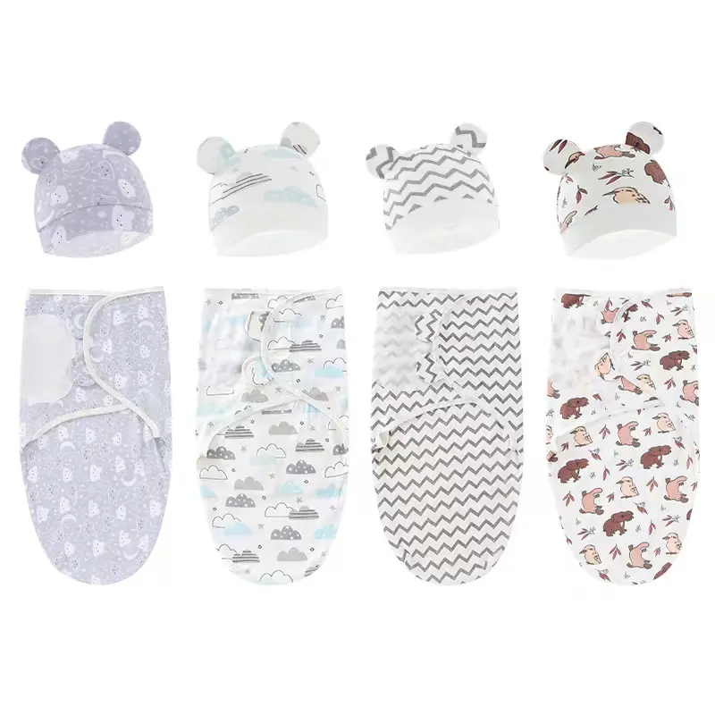 Newborn Swaddle Sleeping Bag Set with Spring Silk Blanket and Hat, Model 8304