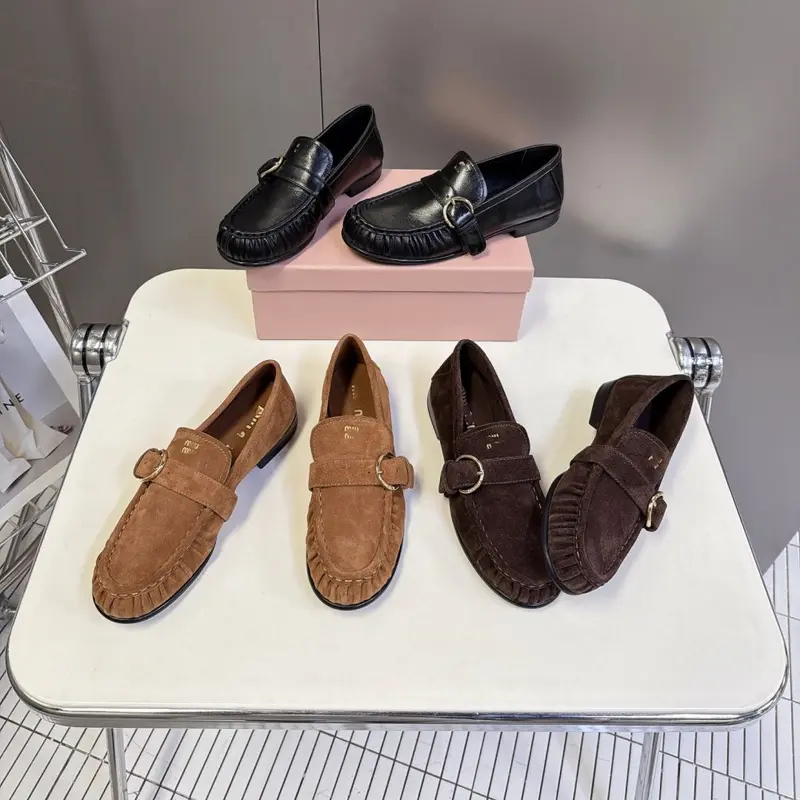 Genuine Leather Women's Loafers with Chunky Heel and Buckle