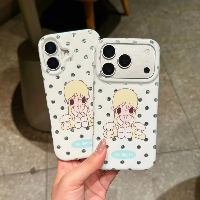 Japanese-style blue polka dot autumn cute double layer case, compatible iPhone 16-18 Pro M