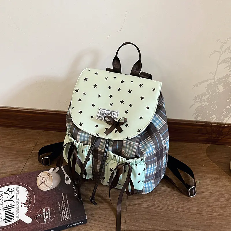 Kids Backpack Bow Design Mint Green Plaid Primary School Bag