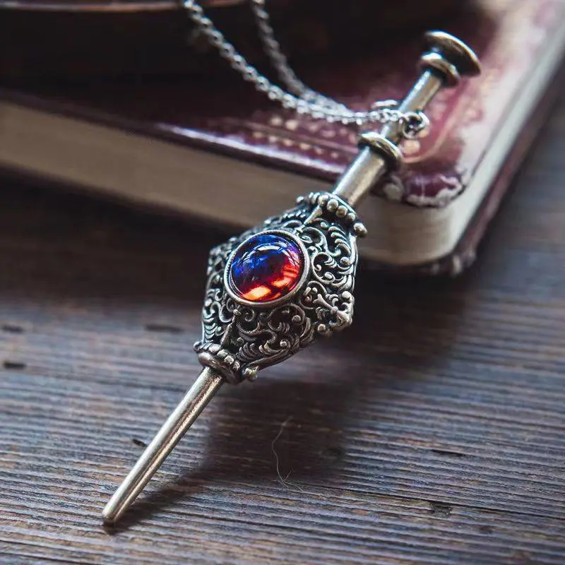 Vintage gümüş sihirli değnek kolye, ejderha nefesi taşı, çift model