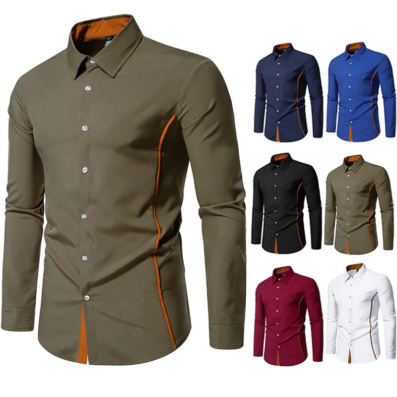 Men's Contrast Color Long-Sleeve Shirt, Spring and Autumn, Triangle Collar