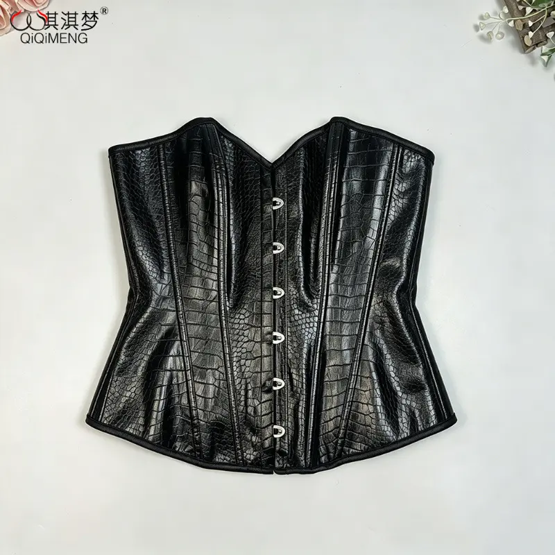 Crocodile-Pattern PU Leather Bustier Top with Boning and Waist Cinching