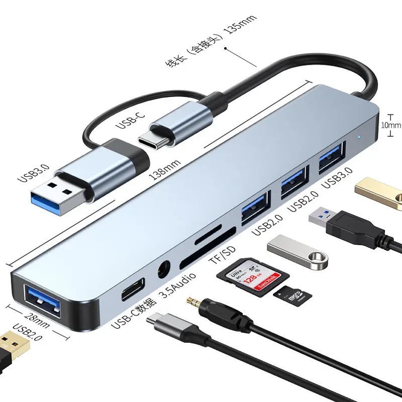 USB 3.0 sekizi bir arada Tip-C çift kafalı hub ses TF kart okuyucu genişletme PD yerleştirme istasyonu sekizi bir arada