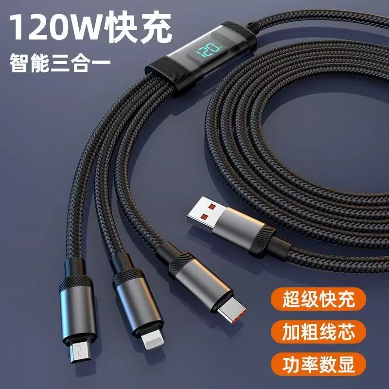 120W Dijital Ekranlı Süper Hızlı Şarj 3-in-1 Veri Kablosu Apple Huawei Xiaomi Örgülü Şarj Kablosu Araç İçi