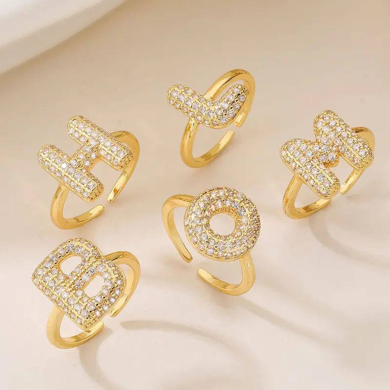 Copper-Plated 18K Gold Zircon Letter Ring for Women