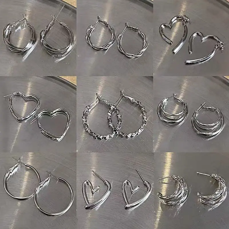 925 Silver Needle Retro Metal Earrings, Geometric Plain Hoop, Women