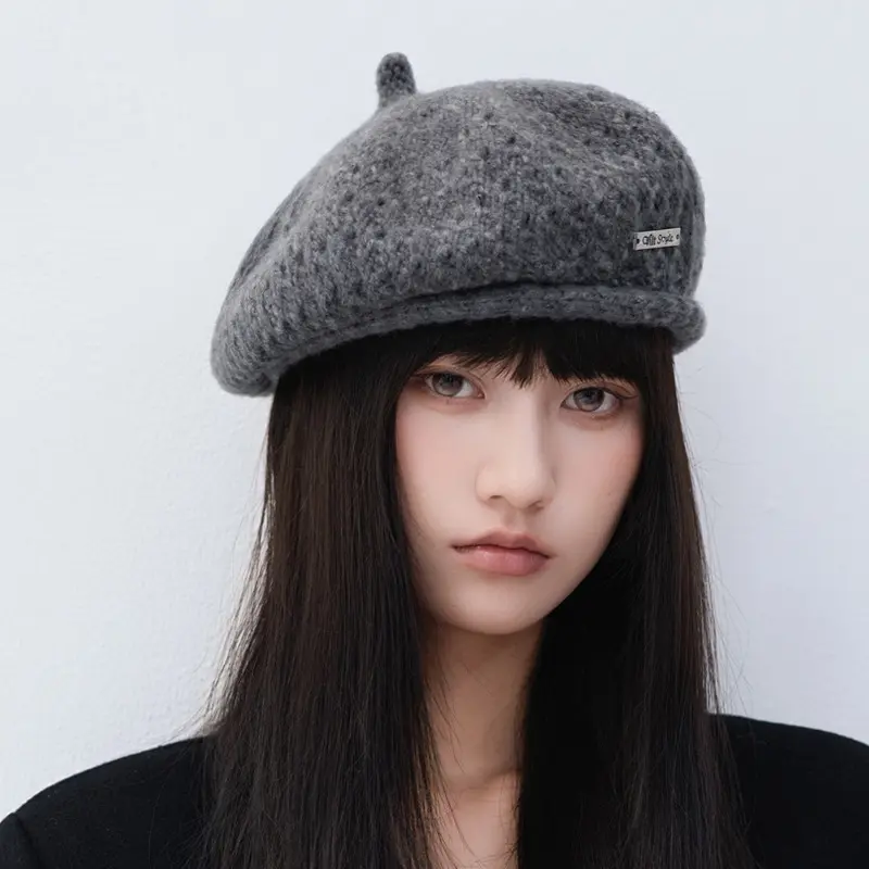 Korean-Style Knit Beret, Solid Color, Women's Winter Hat