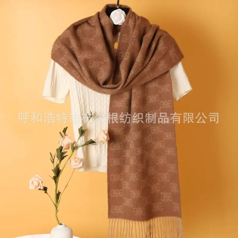 Pure Wool Jacquard Scarf for Women, Warm Autumn Winter Scarf