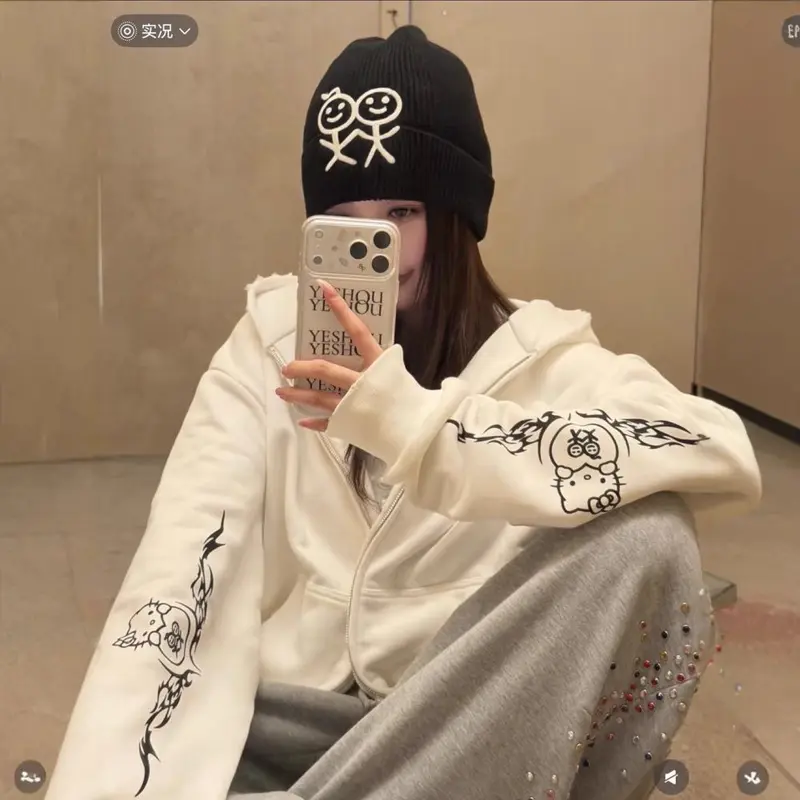 Kadın kapüşonlu fermuarlı sweatshirt, baskılı, sonbahar 2026