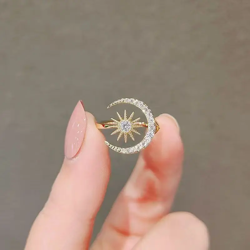 Star and Moon Women's Ring, Open-Ended, Silver Tone