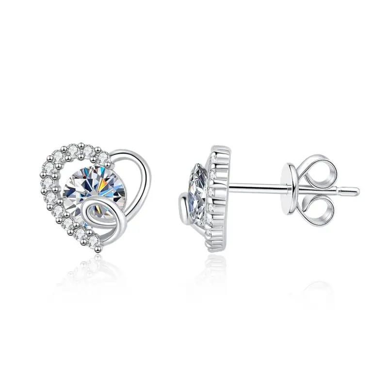 925 Sterling Silver Moissanite Stud Earrings, PT950 Platinum-Plated, Small Heart