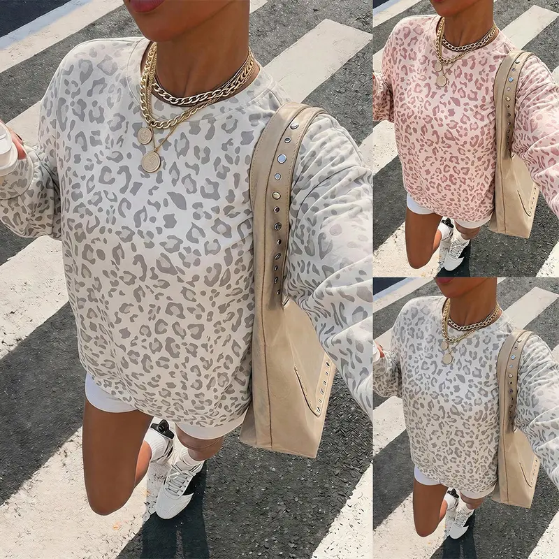 Damen-Sweatshirt mit Leopardenmuster, Rundhals, locker geschnitten