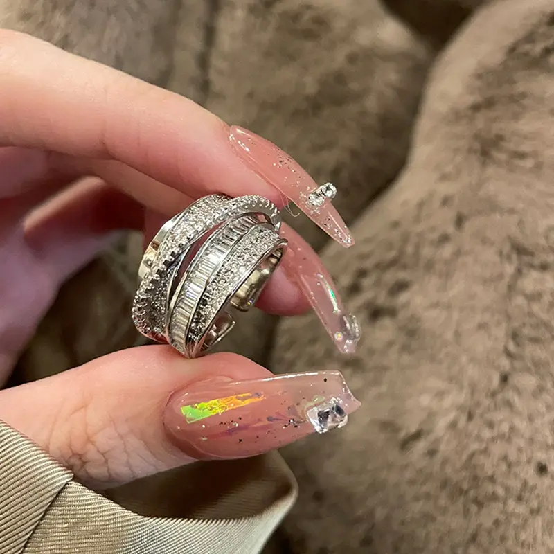 Zircon-plated adjustable women's ring, non-fading, premium