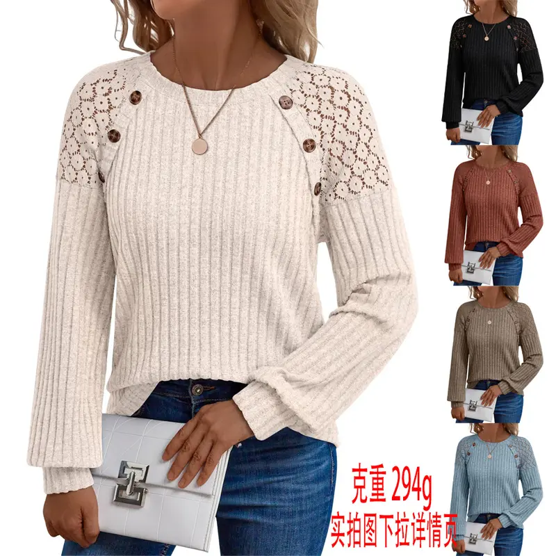Round Neck Solid Color Hollow Button Long Sleeve Casual Top